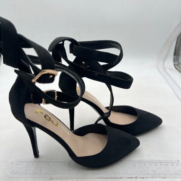 FSJ Women High Heel Ankle Straps Sandals Pointed Toe Pumps Dress Shoes Black - Picture 3 of 7